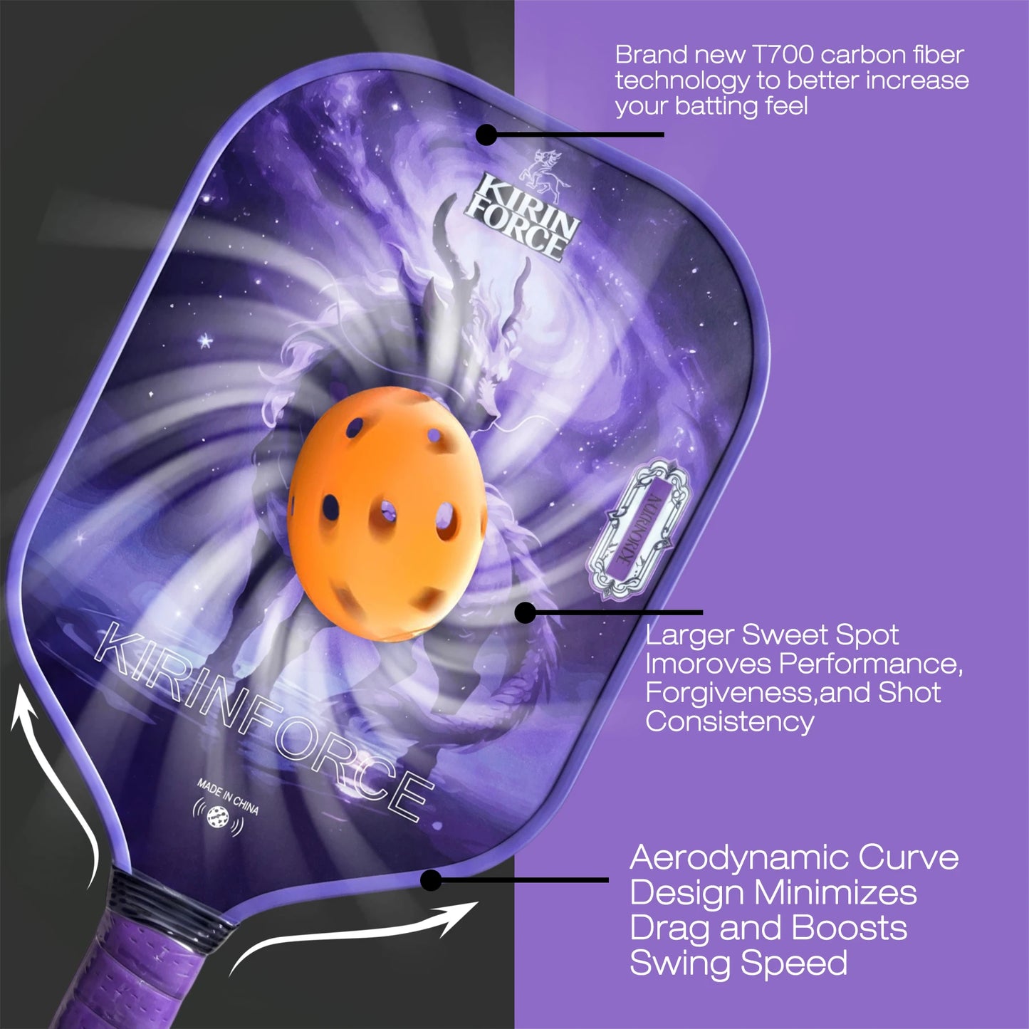 KIRINFORCE Professional Pickleball Paddle with 16mm Foam Core T700 Carbon Fiber Ergonomic Design for Increased Power And Spin